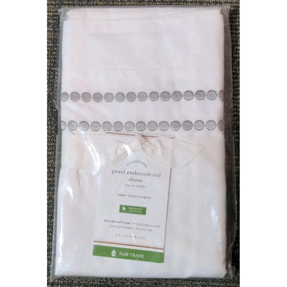 Pottery Barn Pearl Organic Cotton‎ Sham Euro Pillow GRAY MIST Embroidered NEW